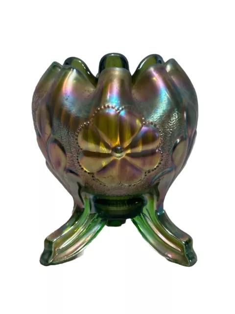 Carnival Glass Northwood Green Daisy and Plume Rose Bowl Footed Great Color Vase