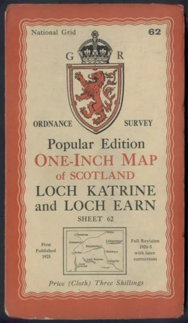 ORDNANCE SURVEY one inch Popular Scotland map 62 LOCH KATRINE AND LOCH EARN 1925