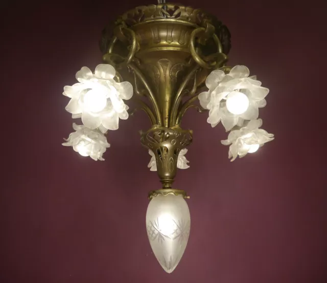 Rare Antique Art Nouveau Ceiling Light Bronze Lamp Chandelier Satined Glass  Ø23