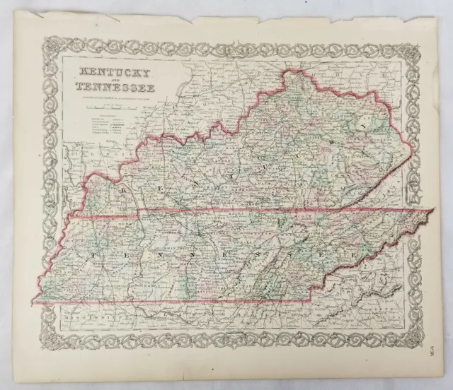 Antique Hand Colored Lithograph Map Colton's Atlas Kentucky Tennessee
