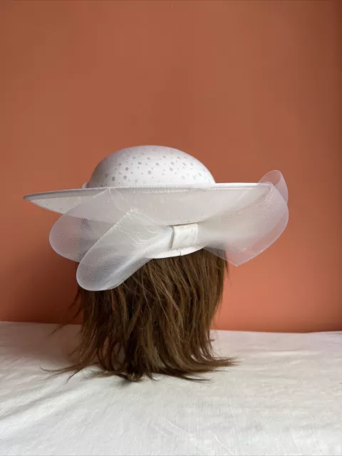 Mitzi Lorenz London Model White silver Bow Wedding mother bride Racing Hat 2