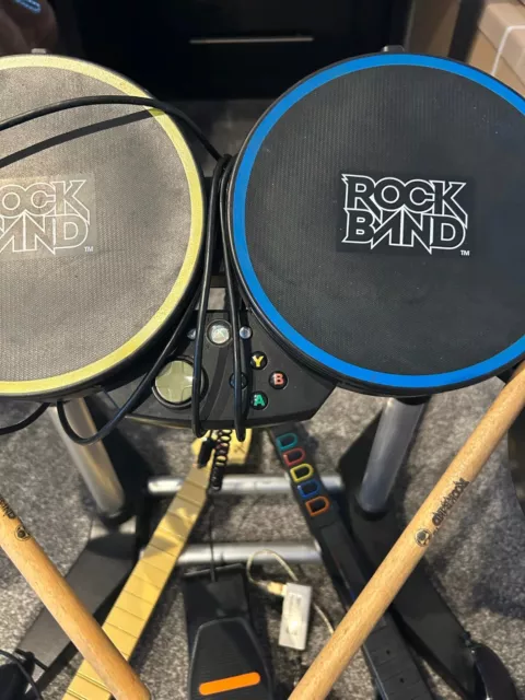 xbox 360 rock band set, drums, microphone, 2 guitars