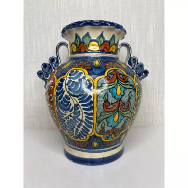 Talavera Mexican Hand Painted Ceramic Vase Mexico Art Pottery Scroll Handle