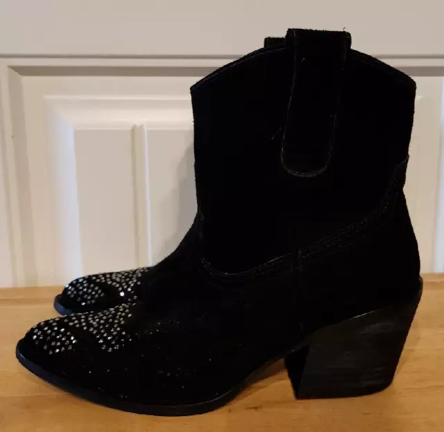 Reba Womens Black Suede Leather Cowboy Ankle Boots With Bling~6M~