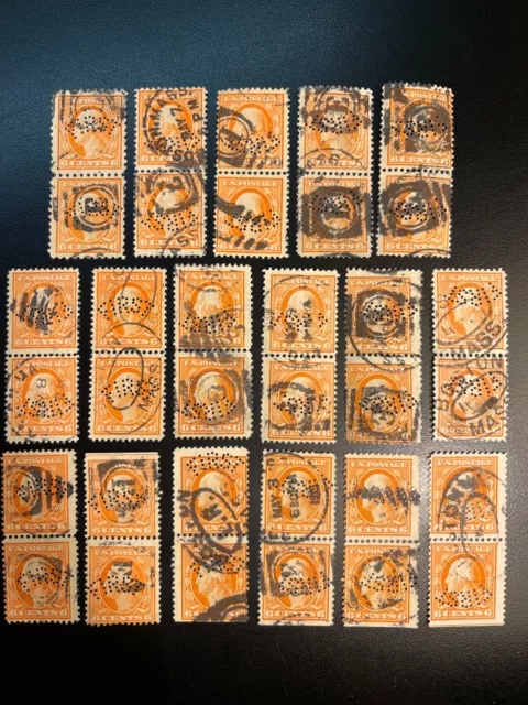 1-Used US Perfin Stamp Pair.  6c Washington #379. Perf.12 1911. Quantity Avail.