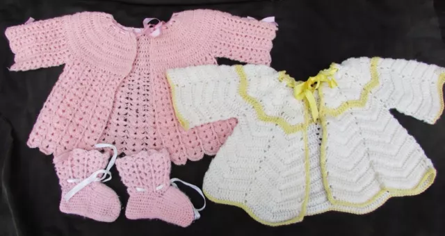 Baby sweater vintage crochet choice of pink  with booties or white & yellow trim