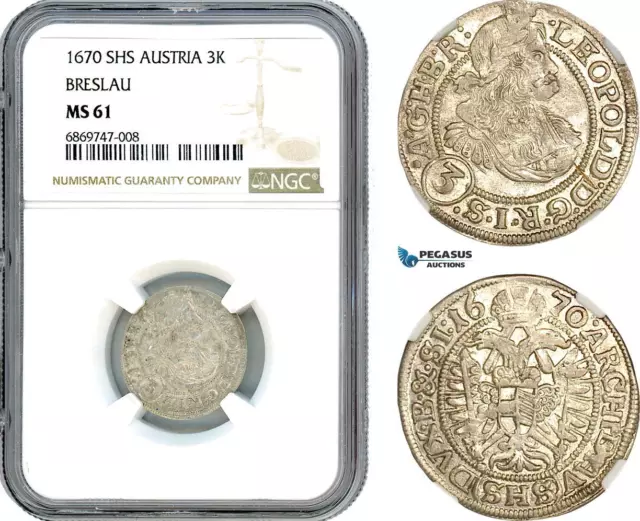 AJ089, Austria, Silesia, Leopold I, 3 Kreuzer 1670 SHS, Breslau, Poland NGC MS61