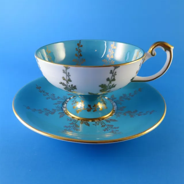 Pretty Pedestal with Blue and Gold Design Aynsley Tea Cup and Saucer Set 2