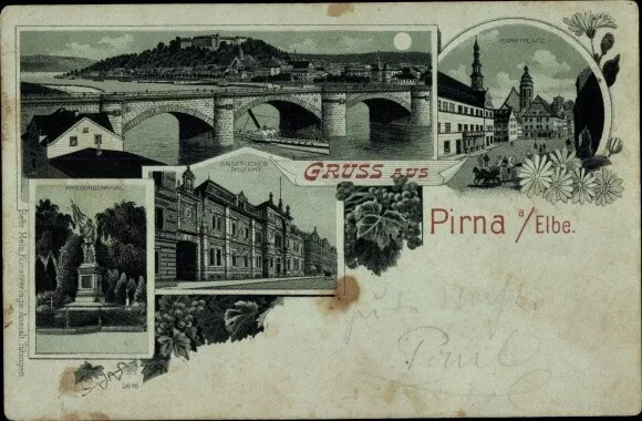 Mondschein Litho Pirna in Sachsen, Brücke, Kriegerdenkmal,... - 3762108