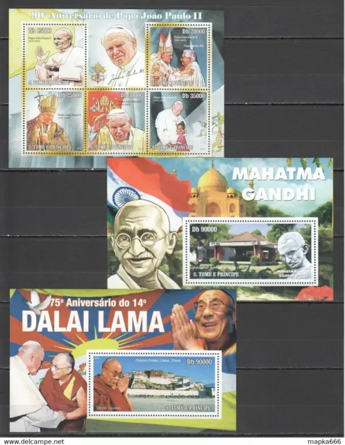 Bc859 2010 S. Tome & Principe Pope John Paul Ii Dalai Lama Gandhi 1Kb+2Bl Mnh