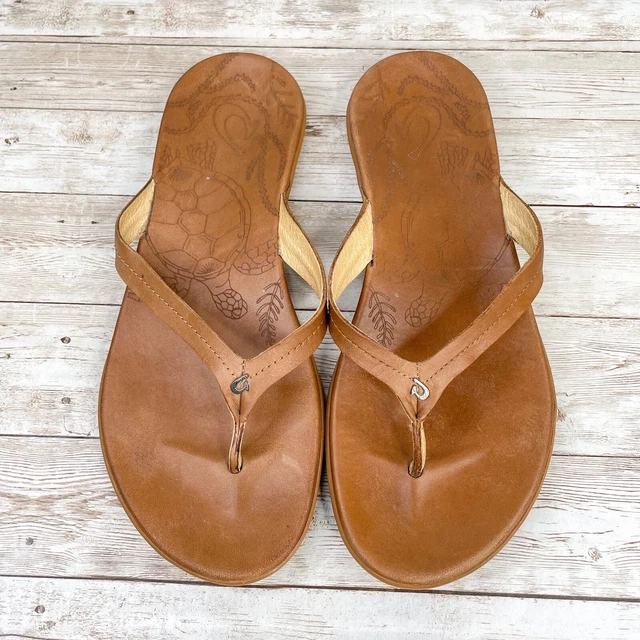 OluKai Honu Sandal Womens 8 Shoe Thong Flip Flop Flats Tan Brown Leather Slip On