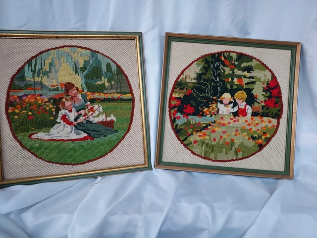 De colección crewel bordado costura conjunto marco de madera arte jardín flores 17x17