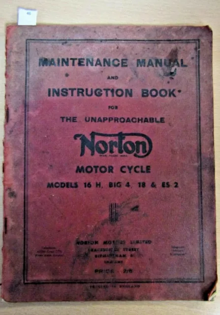 NORTON MAINTENANCE MANUAL & INSTRUCTION BOOK 16 H BIG 4 18 ES 2 motorcycle 1940?