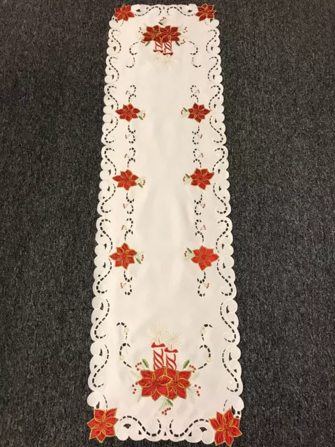 Christmas Holiday Party Red Poinsettia Embroidered Lace Table Placemat Runner