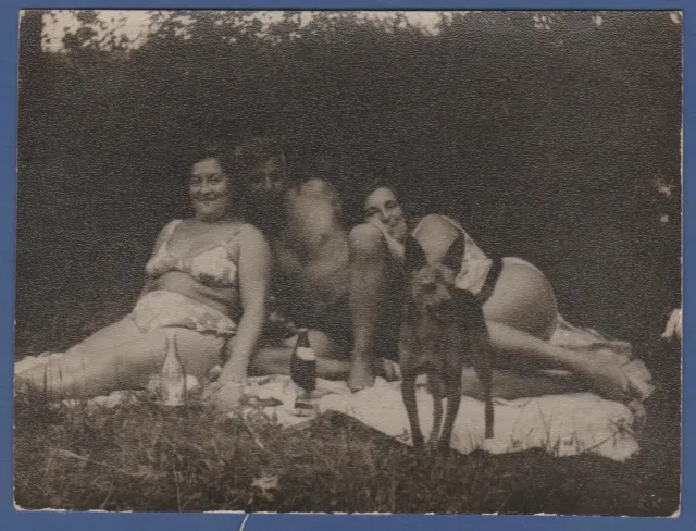 Shirtless guy, naked torso and girls in swimsuits Soviet Vintage Photo USSR