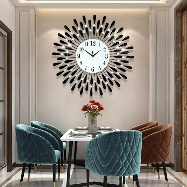 Large Diamond Crystal Modern 3D Sunburst Wall Clock Living Kitchen Room 60cm