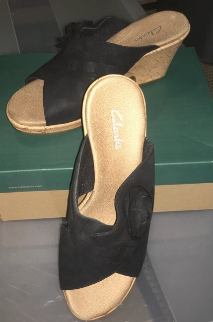 Clarks Women's ROSE GOWN Leather Wedge Sandal in Black .. Size 9M .. NIB