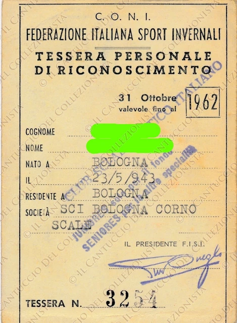 1962 Federazione Italiana Sport invernali CONI tessera