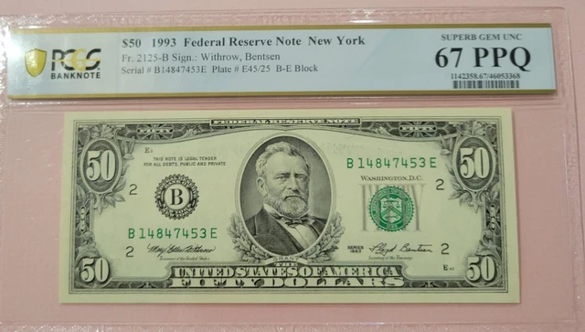 1993 $50 Fr. 2125-B Federal Reserve Note New York  PCGS 67PPQ Superb Gem Unc