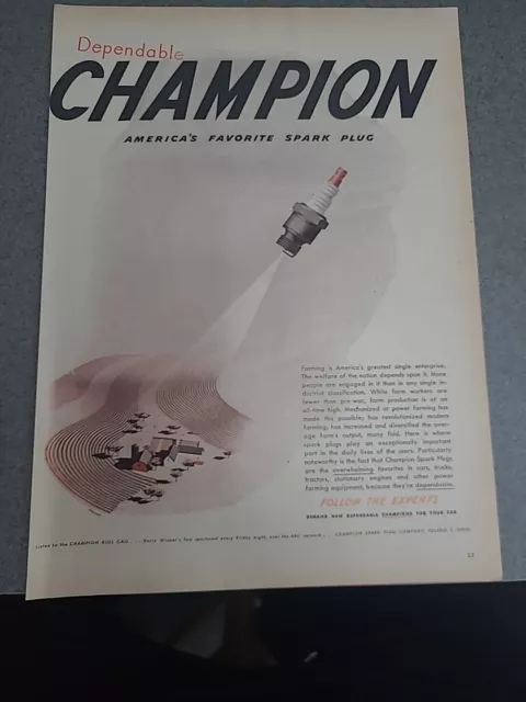 Champion Spark Plug Vintage Print Ad 1947 10x14