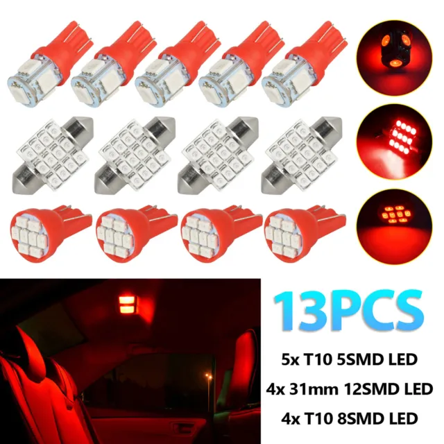 13Pcs LED Lights Interior Package Kit red Dome Map License Plate Lamp Bulbs US