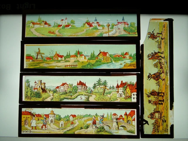 Lot de 5 plaques lanterne magique en verre peint 1900 sur Pierrot