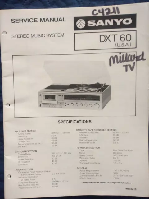 Sanyo Dxt60  Stereo Music System Service Repair Manual