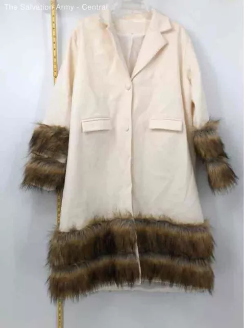 Womens Ivory Brown Long Sleeve Notch Lapel Fur Button Front Coat Size XXX-Large