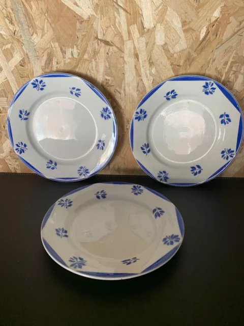 3 Anciennes Assiettes Digoin Sarreguemines Modèle France Fleur Bleu Vintage