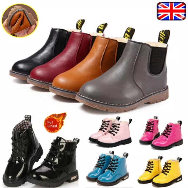 Boys Girls Kids Ankle Boots Winter Warm Snow Boots Chelsea Fur Lined Shoes UK