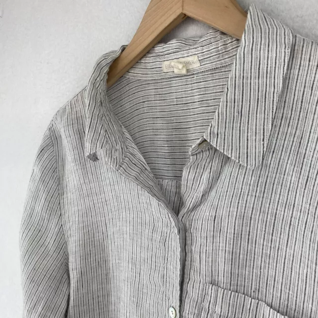 EILEEN FISHER Top M Handkerchief Linen Striped Button Up Long Sleeve White Gray