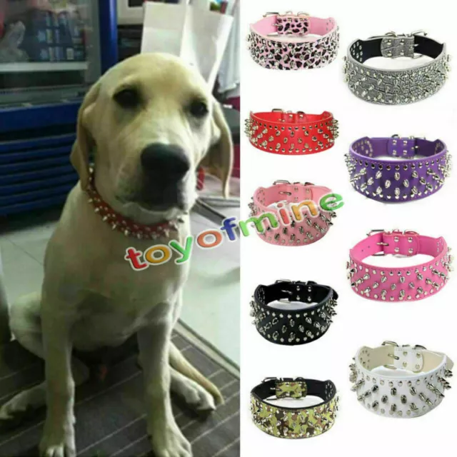 Pitbull Mastiff PU Leather Durable Black Spiked Large Pet Dog Studded Collar #S