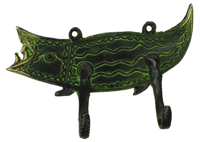 Crocodile Shape Antique Vintage Repro Handmade Solid Brass 2 Hook Wall Hanger