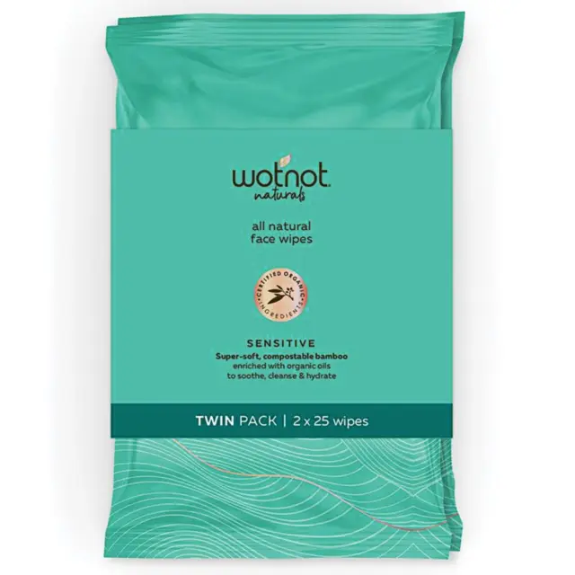 Wotnot Sensitive Facial Wipes 2 x 25 Twin Pack Gently Cleanse All Skin Types