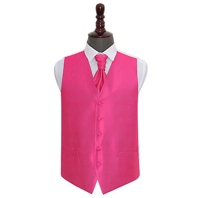 DQT Plain Solid Check Fuchsia Pink Mens Wedding Waistcoat & Cravat Set