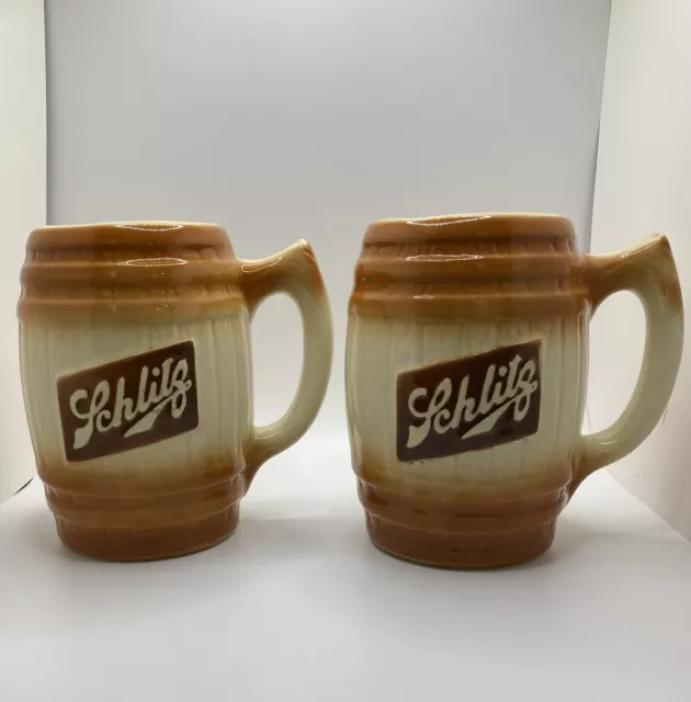 Vintage Ole' Style SCHLITZ BEER BARREL Handled Ceramic Beer Mug Lot Of 2