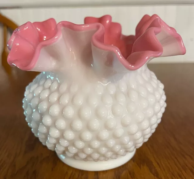 Fenton Hobnail Pink/Cranberry White Milk Ruffled Rim Glass Vase