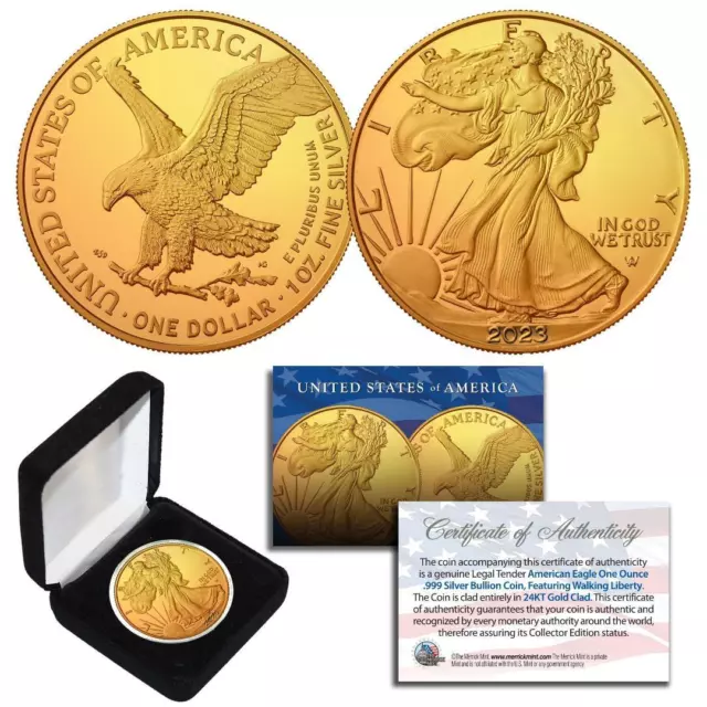 2023 1 Oz 999 Fine Silver American Eagle $1 Coin 24K Gold Gilded with BOX & CERT