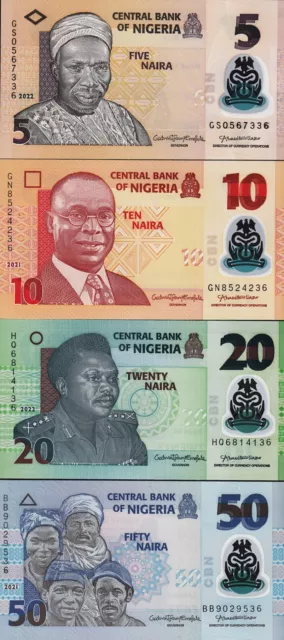 Nigeria 4 Pcs SET, 5 10 20 50 Naira 2021 2022, UNC, POLYMER, P-New