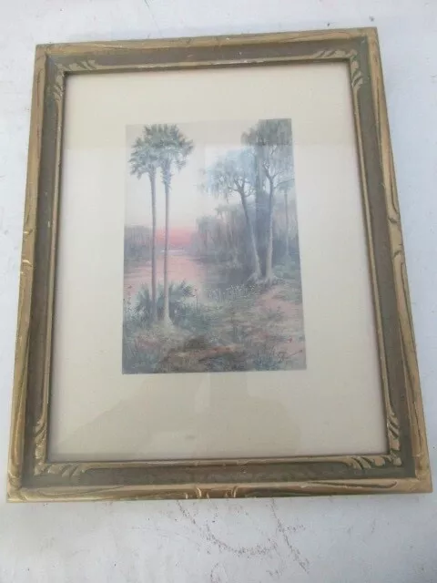 Vintage Art Deco style wood picture frame with landscape print, 9 3/4 x 12 5/8"