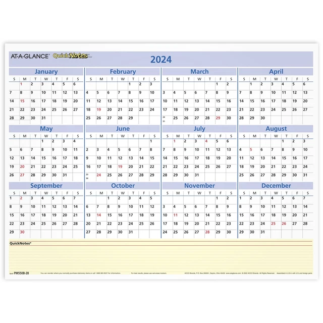 ATAGLANCE QUICKNOTES 2024 Reversible Erasable Monthly Yearly Wall