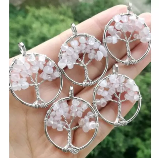 5pcs Natural Rose Quartz stone Tree of life Pendants Energy Amulet Reiki GIft