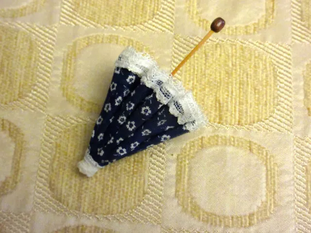 Vintage Dollhouse Parasol Fabric Umbrella HANDMADE VICTORIAN NAVY BLUE BRAND NEW 3