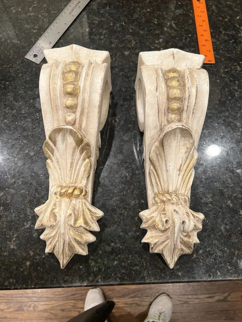 Carved Wood Vtg Corbels 11.5” Shelf Brackets Antique White Gold Finish vintage