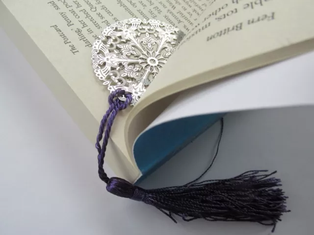 Unusual Silver Round Decorative Pendant & Purple Tassel Bookmark - Handmade Gift