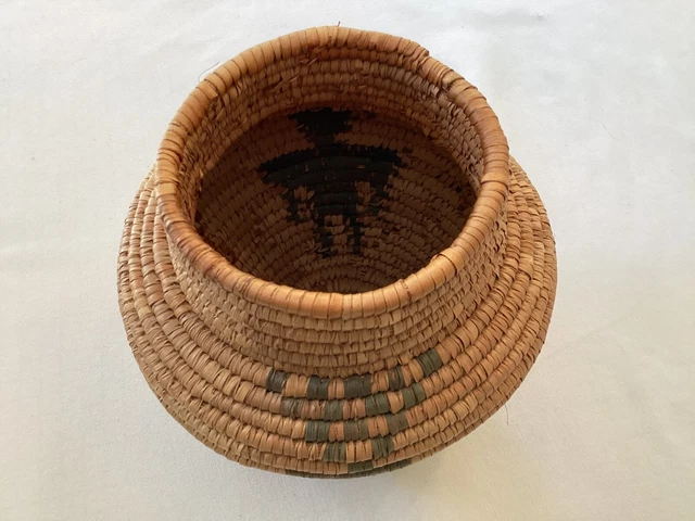 Vintage Basket with neck and orange and green Native American figure designs