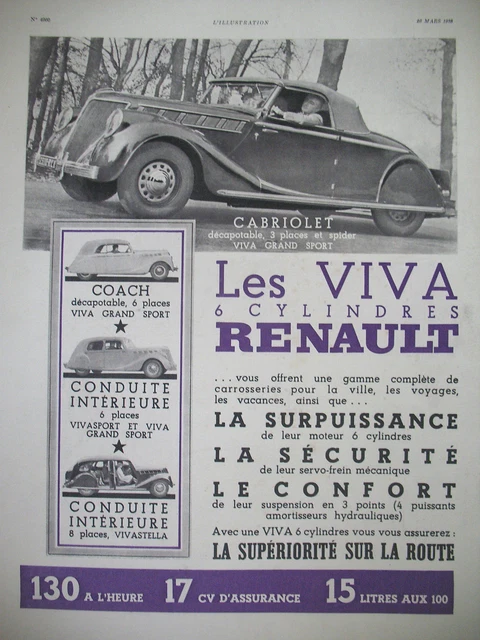 Publicite De Presse Renault Les Viva 6 Cyl. Automobile Cabriolet French Ad 1938