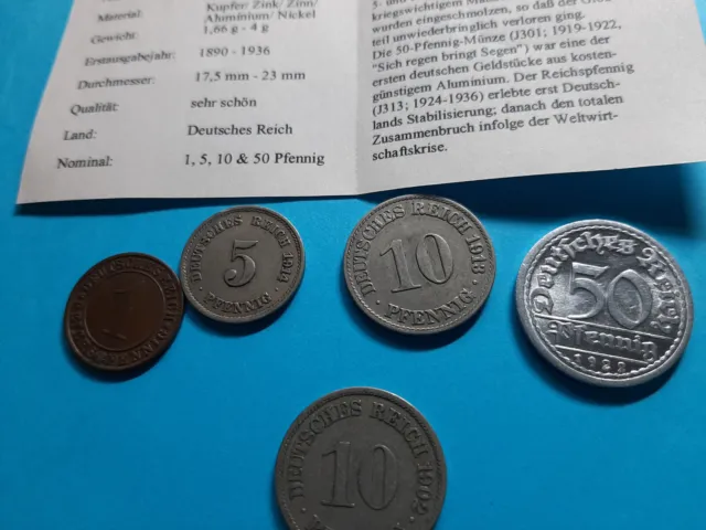 5mal Münzen Deutsches Reich, 1; 5; 2x 10 und 50 Pfennig, ss/vz, Zertifikat