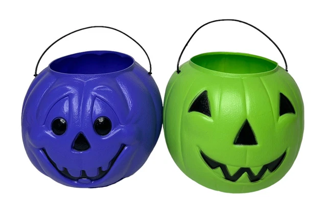 Vintage Halloween General Foam Plastic Purple & Green Pumpkin Candy Pail Buckets