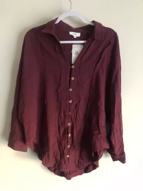 Bohme Women's Long-Sleeve Button Down Shirt Medium Burgundy Rayon Linen NWT